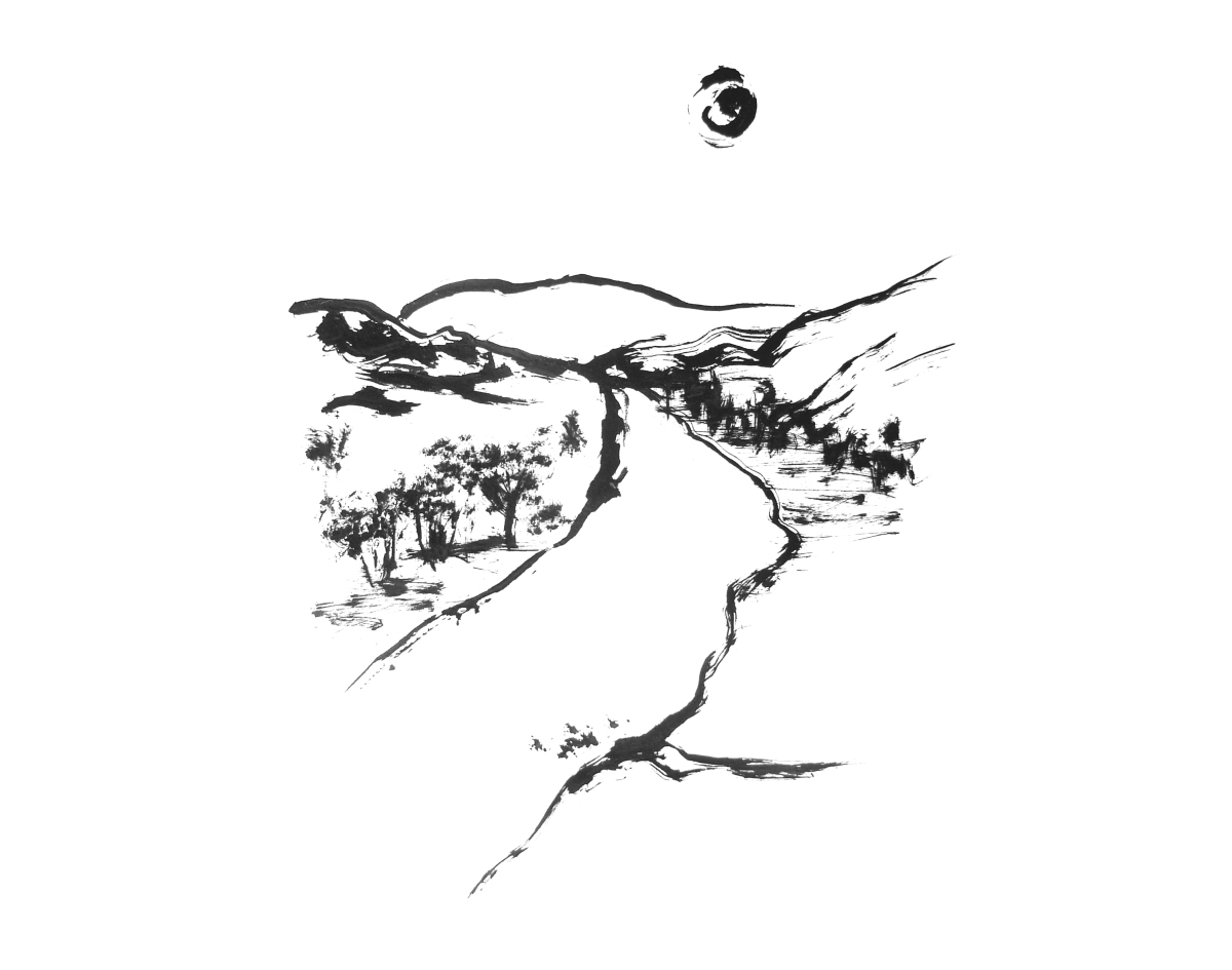 kleine Skizze einer Flusslandschaft – small sketch of a river landscape –